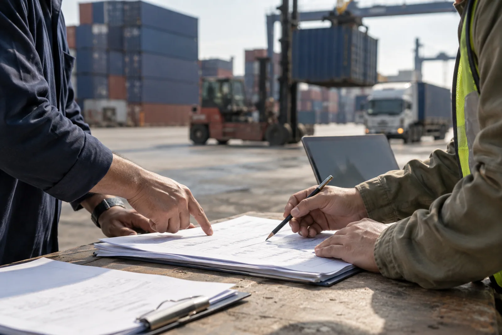 Shipment documents are reviewed against cargo operations in the background.