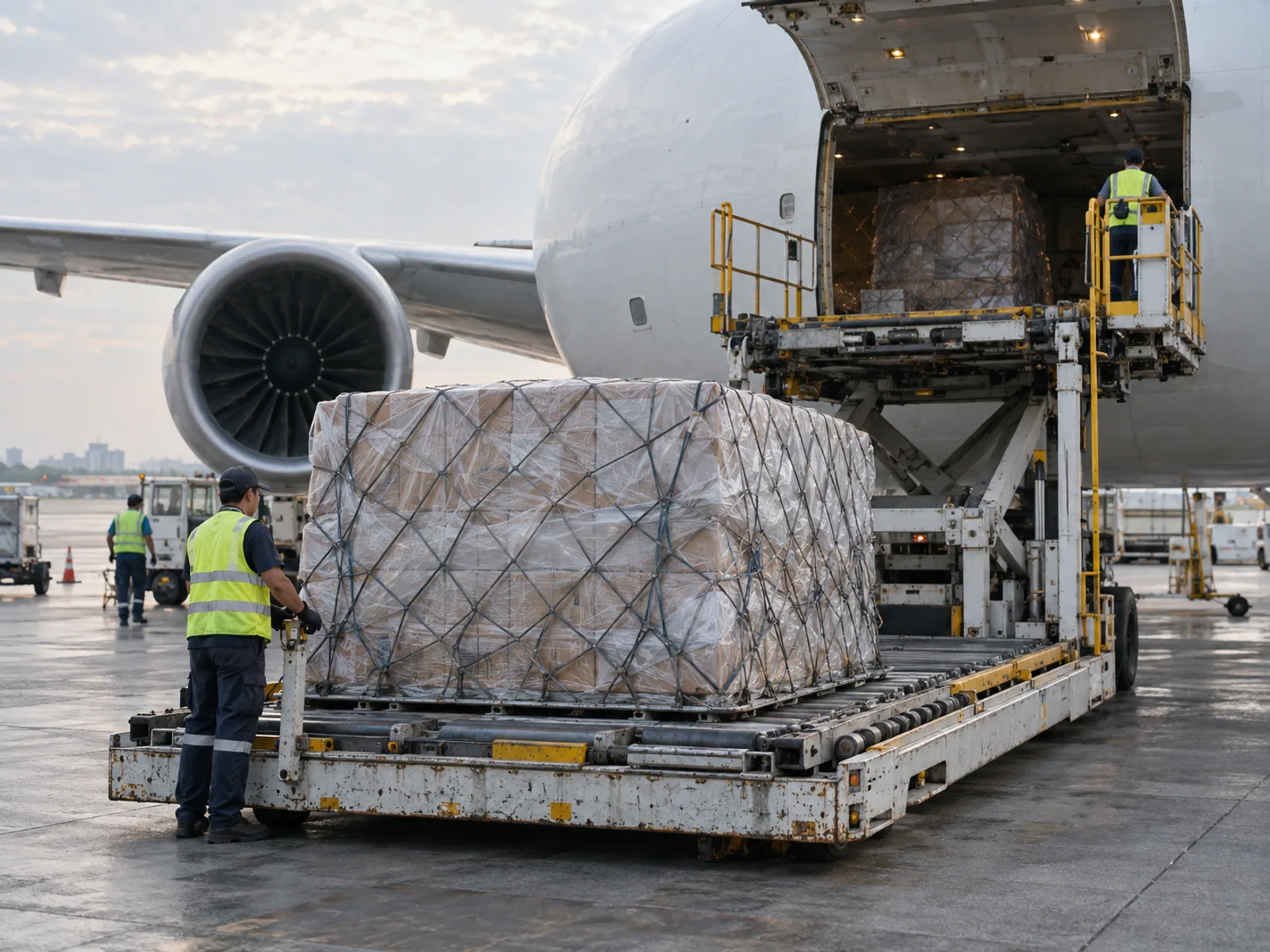 Cargo pallets are prepared beside a generic freighter aircraft.