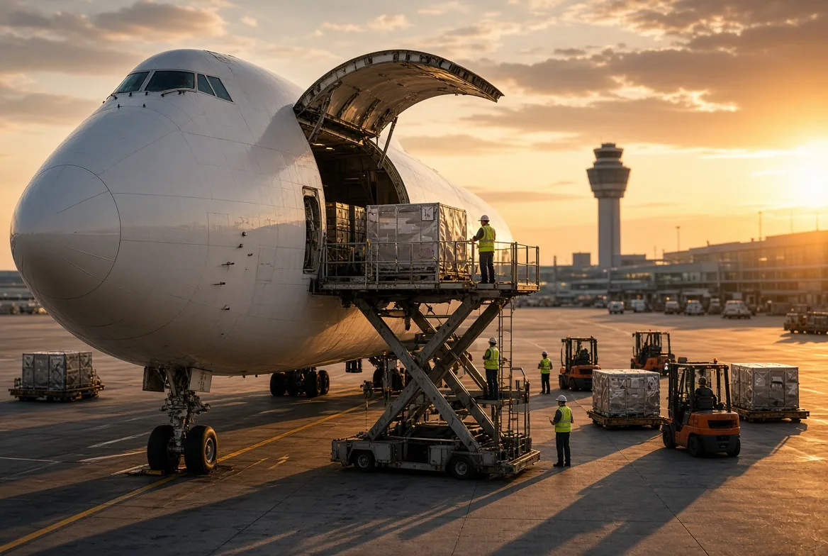 Cargo is loaded through the nose door of a freighter aircraft on an airport apron.