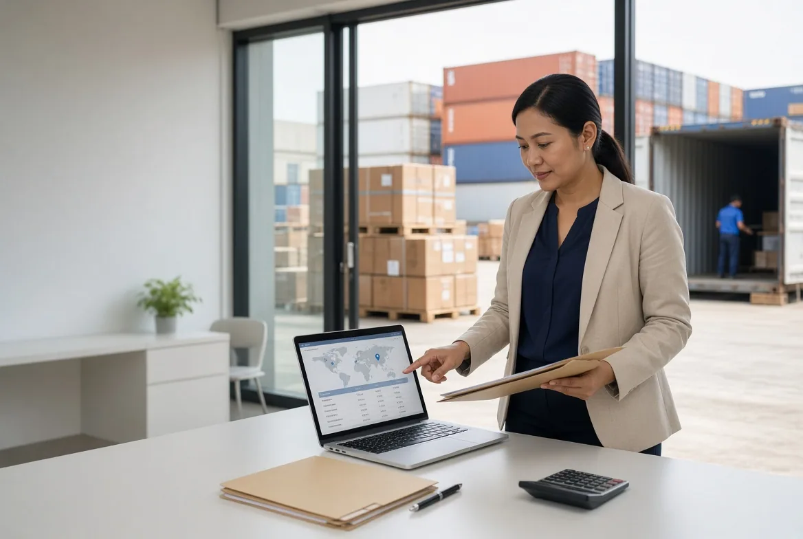 A logistics specialist reviews origin information and shipment documents beside a working cargo facility.