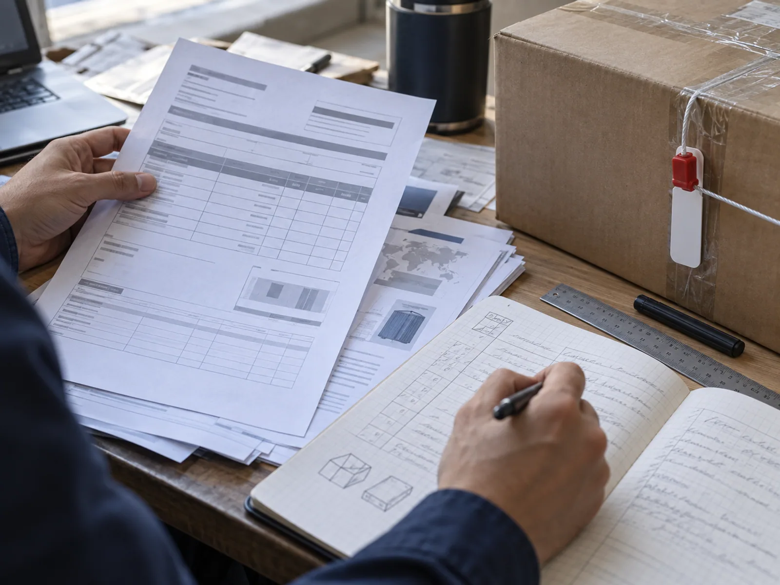 Shipment documents are reviewed beside a sealed cargo carton.