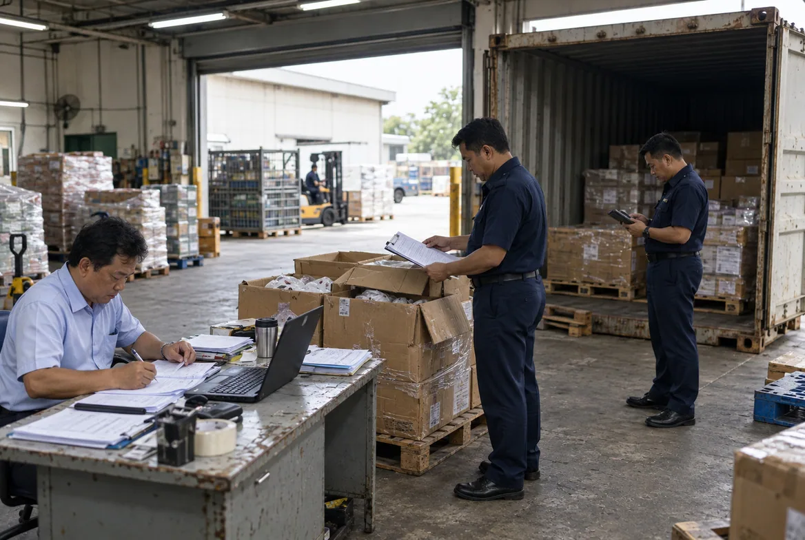 A shipment is inspected and its documents checked beside an open freight container.