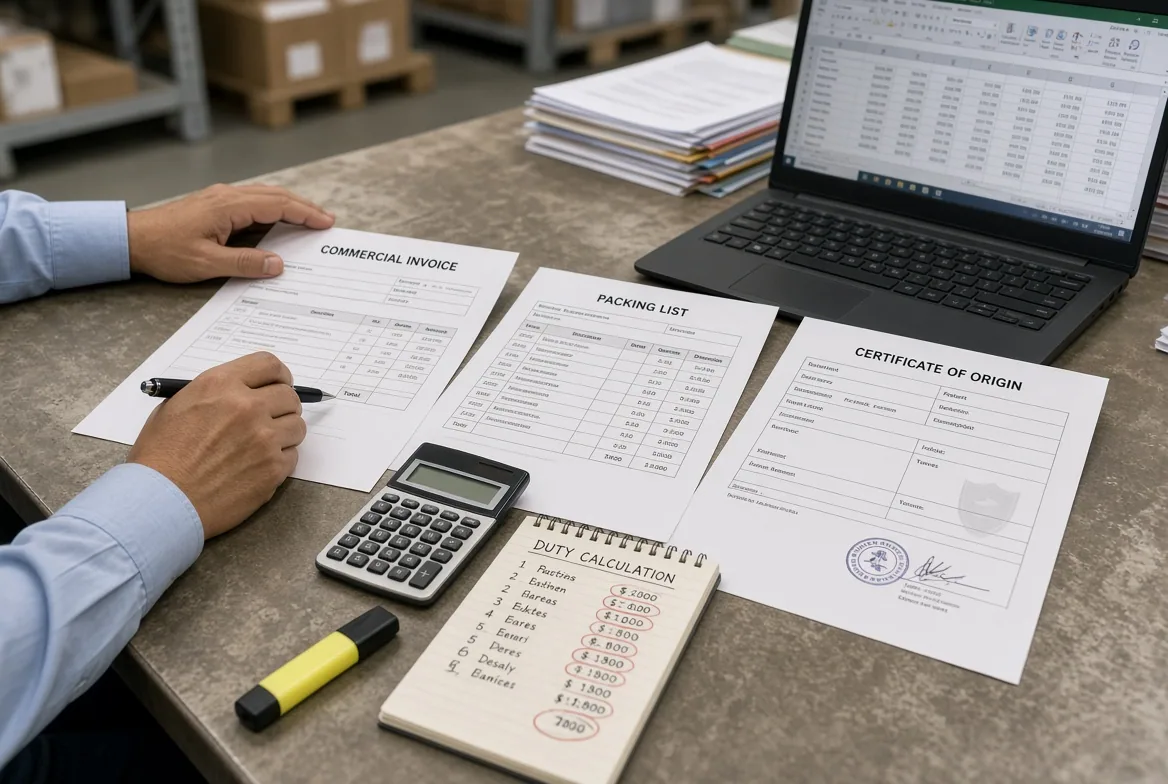 Import documents and a calculator are reviewed to estimate duty, tax and landed cost before shipment.