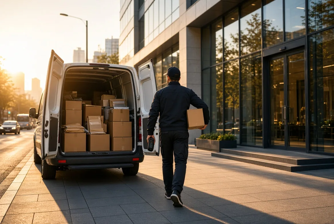 A courier carries a parcel from an unbranded delivery van outside a commercial building.