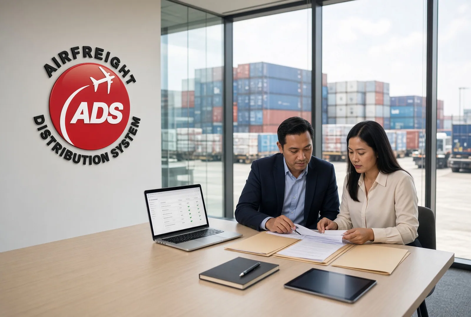 ADS specialists review import approval documents beside a working cargo terminal.