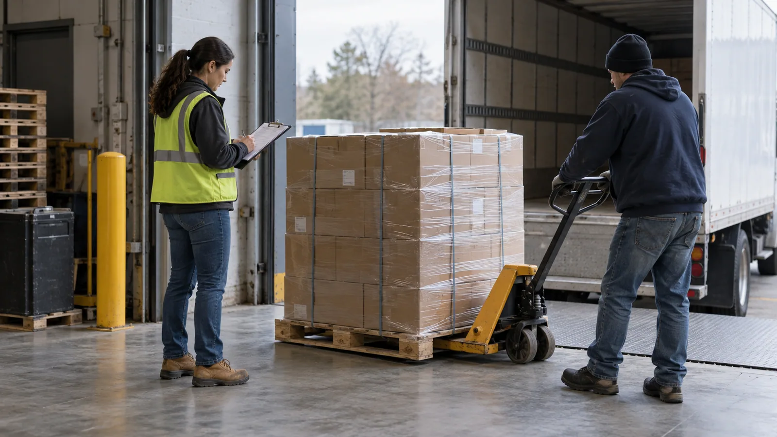 An unbranded pallet is checked during a distribution-centre handoff.